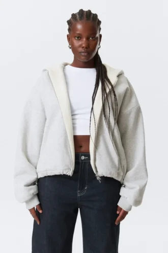 Oversized-Fleece-Kapuzenpullover mit Reißverschluss – Grau meliert