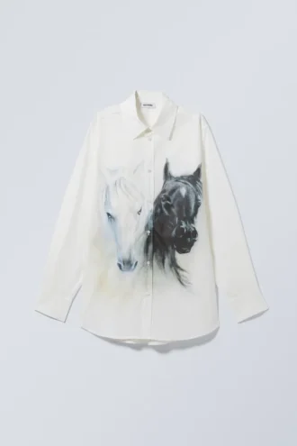 Oversized-Hemd aus bedrucktem Popeline – weiße und schwarze Pferde