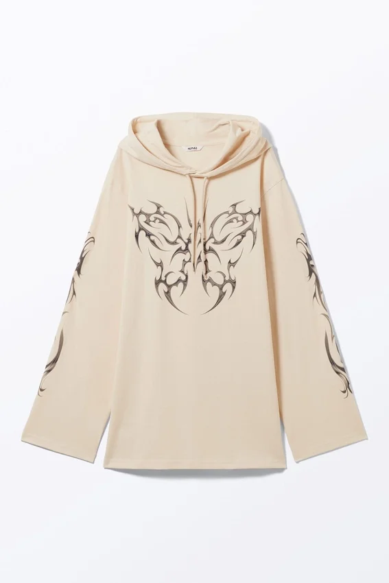 Oversized-Kapuzenpullover-Kleid – Hellbeige – Tribal Butterfly Oversized-Kapuzenpullover-Kleid – Hellbeige – Tribal Butterfly