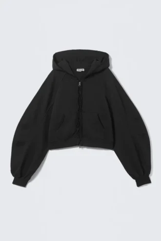 Oversized-Kapuzenpullover mit Reißverschluss, gekürzt und ausgefranst – Schwarz