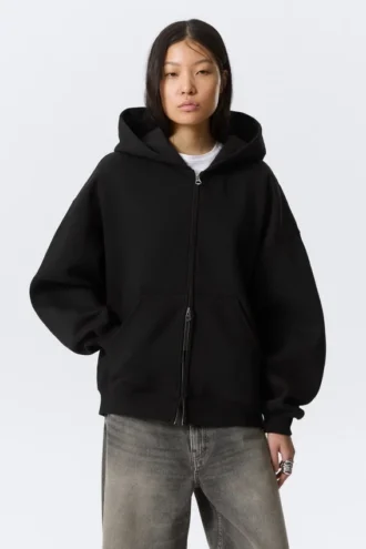 Oversized-Kapuzenpullover mit Reißverschluss – Schwarz