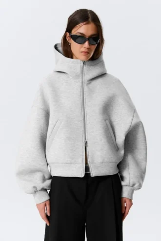 Oversized-Kapuzenpullover mit Trichterkragen und Reißverschluss – Grau meliert