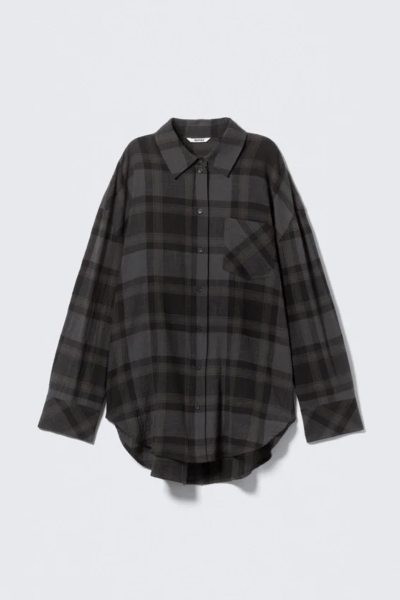 Oversized-Langarm-Hemd aus Baumwolle – kariert, dunkelgrau Oversized-Langarm-Hemd aus Baumwolle – kariert, dunkelgrau