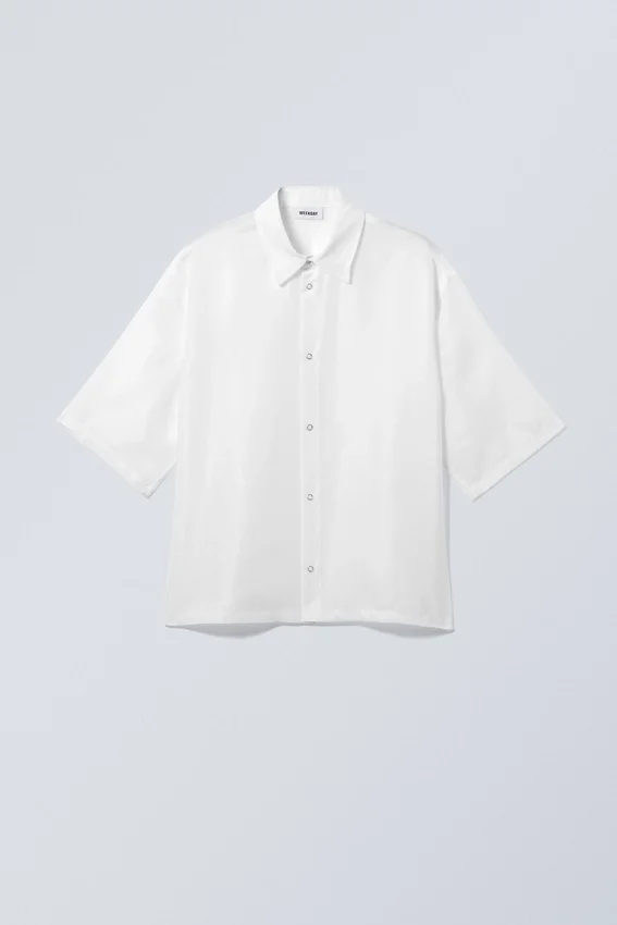 Oversized-Organza-Hemd mit kurzen Ärmeln – Weiß Oversized-Organza-Hemd mit kurzen Ärmeln – Weiß