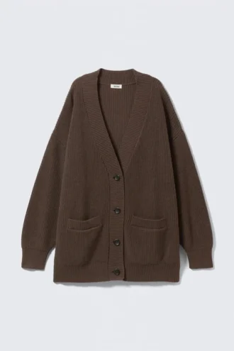Oversized-Strickjacke aus Baumwolle mit V-Ausschnitt – Dunkelbraun