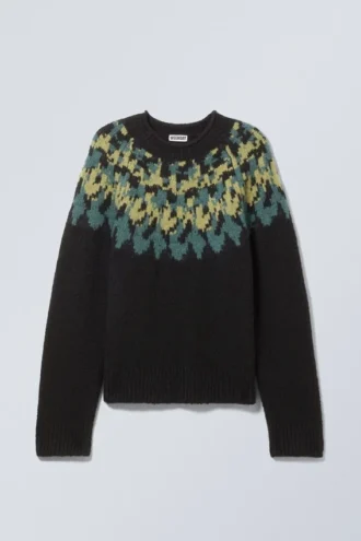 Oversized-Strickpullover aus Wollmischung mit Raglanärmeln – Schwarz – Petrol/Gelb-Muster