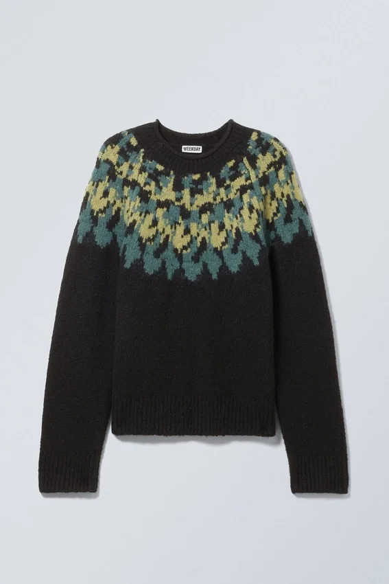 Oversized-Strickpullover aus Wollmischung mit Raglanärmeln – Schwarz – Petrol/Gelb-Muster Oversized-Strickpullover aus Wollmischung mit Raglanärmeln – Schwarz – Petrol/Gelb-Muster