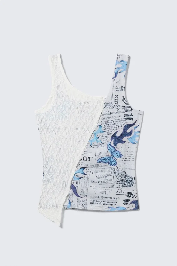 Patchwork-Tanktop aus Jersey mit asymmetrischem Ausschnitt – Weiße Spitze/Zeitungsdruck Patchwork-Tanktop aus Jersey mit asymmetrischem Ausschnitt – Weiße Spitze/Zeitungsdruck