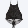 Perlenbesticktes Mesh-Haltertop – Schwarz Perlenbesticktes Mesh-Haltertop – Schwarz
