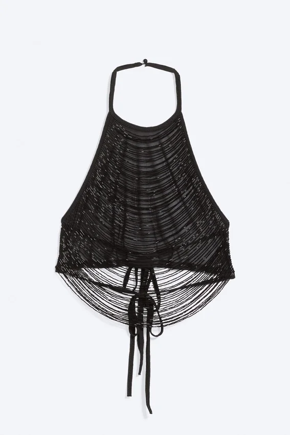 Perlenbesticktes Mesh-Haltertop – Schwarz Perlenbesticktes Mesh-Haltertop – Schwarz