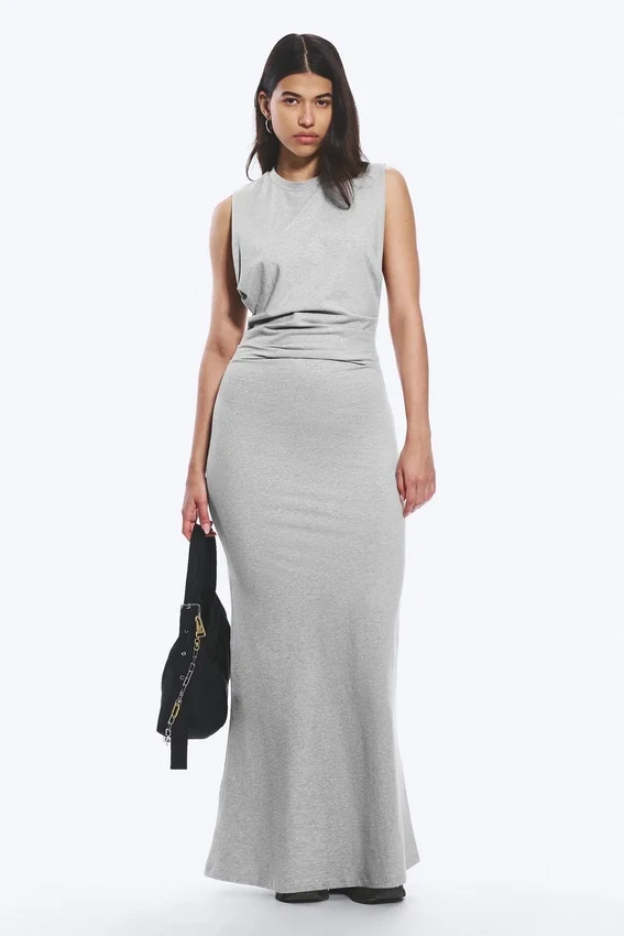 Plissiertes, ärmelloses Maxikleid – Grau meliert Plissiertes, ärmelloses Maxikleid – Grau meliert