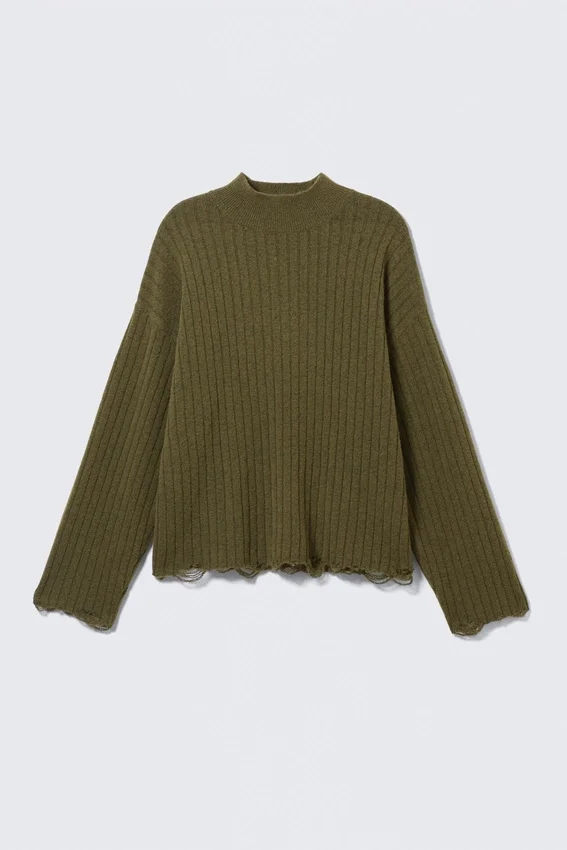 Pullover mit geripptem Rollkragen und Used-Look – Dunkelgrün Pullover mit geripptem Rollkragen und Used-Look – Dunkelgrün