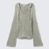 Pullover mit Kapuze aus offenem Strick – Hellkhaki Pullover mit Kapuze aus offenem Strick – Hellkhaki