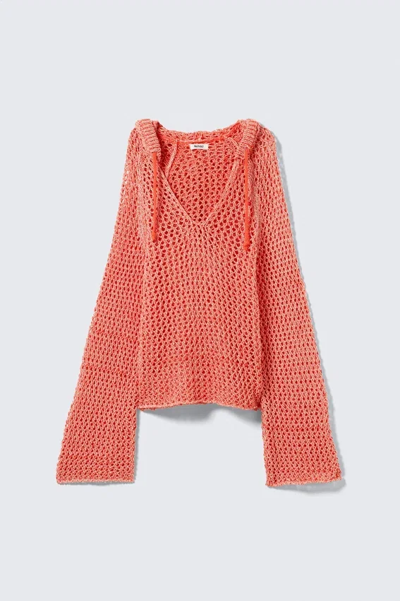 Pullover mit Kapuze aus offenem Strick – Hellrot Pullover mit Kapuze aus offenem Strick – Hellrot