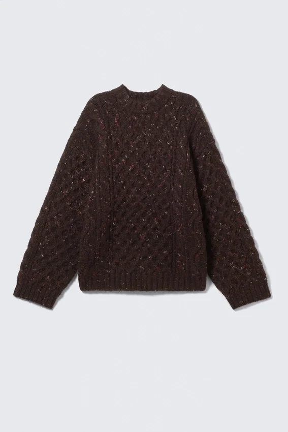 Pullover mit langem Zopfmuster und Struktur – Dunkelviolett – Rosa Noppen Pullover mit langem Zopfmuster und Struktur – Dunkelviolett – Rosa Noppen