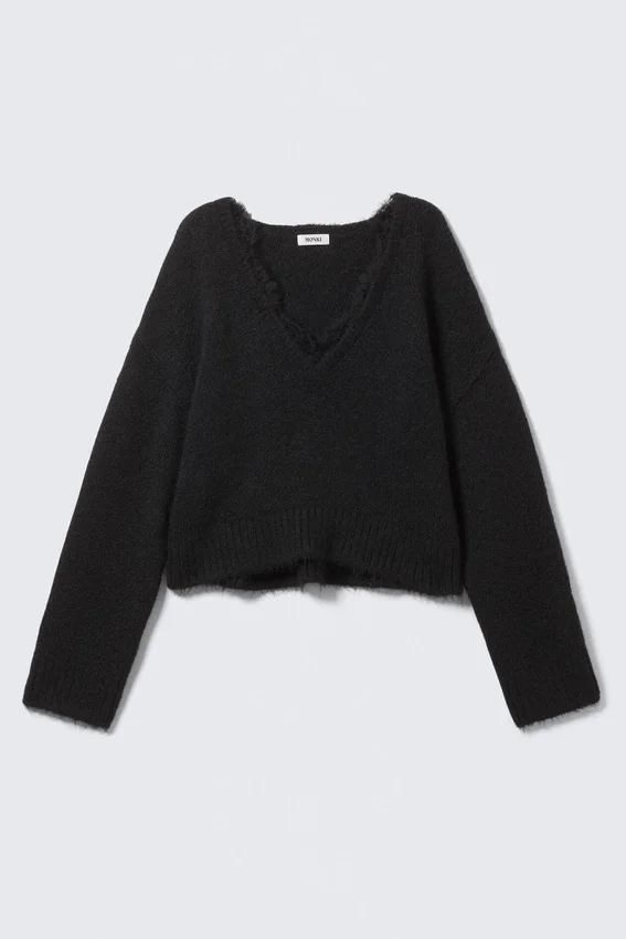 Pullover mit V-Ausschnitt und Spitzenbesatz – Schwarz Pullover mit V-Ausschnitt und Spitzenbesatz – Schwarz