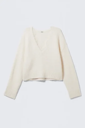 Pullover mit V-Ausschnitt und Spitzenbesatz – Weiß