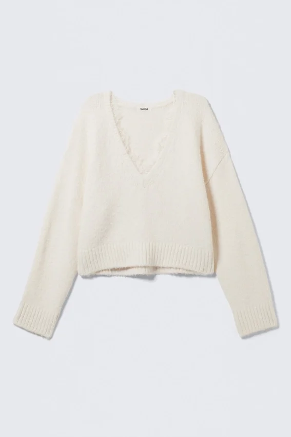 Pullover mit V-Ausschnitt und Spitzenbesatz – Weiß Pullover mit V-Ausschnitt und Spitzenbesatz – Weiß