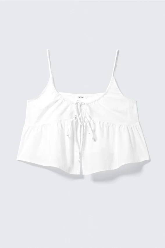 Pyjama-Oberteil aus Baumwollpopeline mit Bindeband vorne – Weiß Pyjama-Oberteil aus Baumwollpopeline mit Bindeband vorne – Weiß