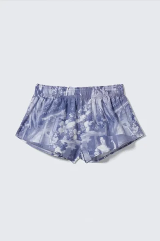 Pyjama-Shorts aus bedrucktem Popeline mit mittlerer Leibhöhe – Blau – Baroque Collage