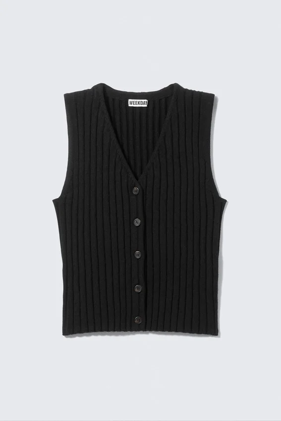 Rippgestrickte Weste mit V-Ausschnitt – Schwarz Rippgestrickte Weste mit V-Ausschnitt – Schwarz