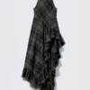 Ärmelloses, asymmetrisches Maxikleid mit Rüschen – dunkelgraues Karomuster Ärmelloses, asymmetrisches Maxikleid mit Rüschen – dunkelgraues Karomuster