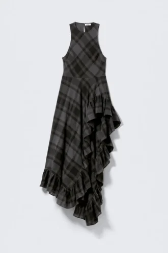 Ärmelloses, asymmetrisches Maxikleid mit Rüschen – dunkelgraues Karomuster