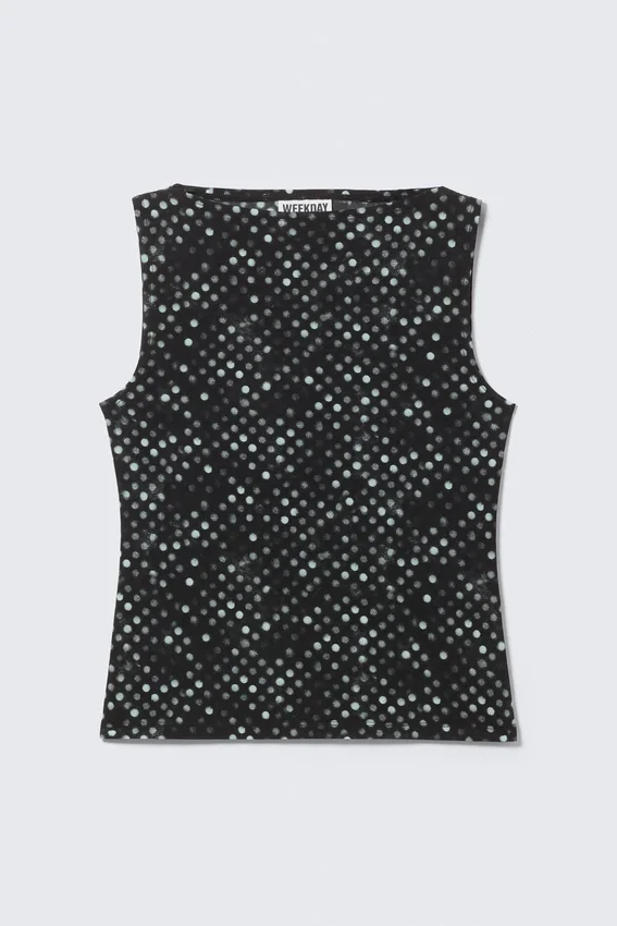Ärmelloses bedrucktes Mesh-Oberteil – Schwarz mit Polka-Dot-Print Ärmelloses bedrucktes Mesh-Oberteil – Schwarz mit Polka-Dot-Print
