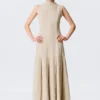 Ärmelloses Leinen-Mischung-Kleid mit Einsätzen – Hellbeige