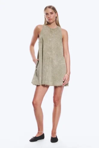 Ärmelloses Minikleid aus Baumwolltwill – gewaschenes Khaki-Grün