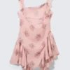 Ärmelloses Minikleid mit quadratischem Ausschnitt – Rosa – Blumenmuster