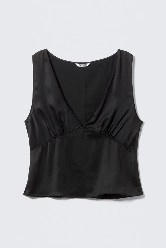 Ärmelloses Satin-Top mit V-Ausschnitt – Schwarz Ärmelloses Satin-Top mit V-Ausschnitt – Schwarz
