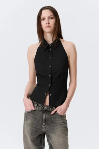 Ärmelloses Shirt mit Neckholder – Schwarz