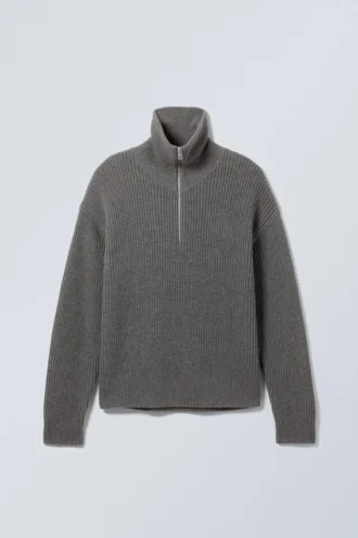 Rollkragen-Pullover aus Wollmischung mit halbem Reißverschluss – Dunkelgrau Rollkragen-Pullover aus Wollmischung mit halbem Reißverschluss – Dunkelgrau