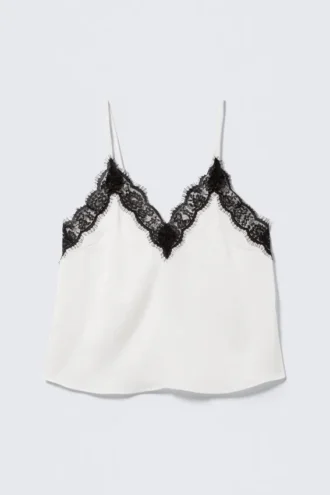 Satin-Top mit Spitzenbesatz – Weiß Satin-Top mit Spitzenbesatz – Weiß
