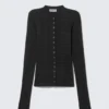 Schmal geschnittene, langärmelige Strickjacke mit Knopfleiste – gestreift, dunkelgrau