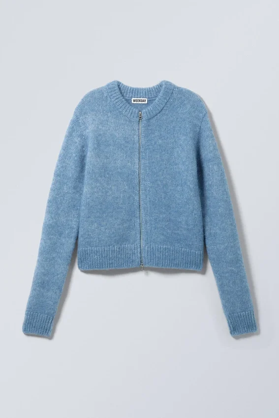 Schmal geschnittene Strickjacke mit Reißverschluss – Blau meliert Schmal geschnittene Strickjacke mit Reißverschluss – Blau meliert