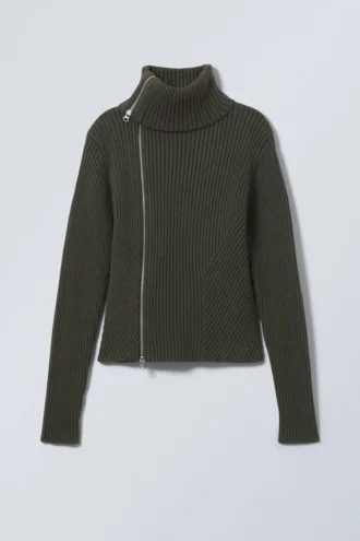 Schmal geschnittene Strickjacke mit Reißverschluss – Dunkelkhaki