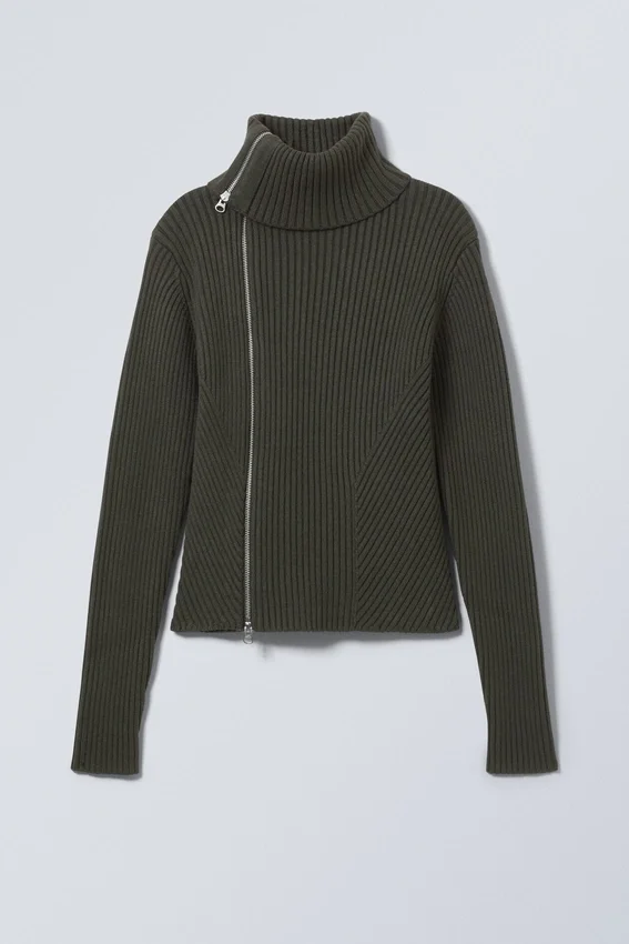 Schmal geschnittene Strickjacke mit Reißverschluss – Dunkelkhaki Schmal geschnittene Strickjacke mit Reißverschluss – Dunkelkhaki