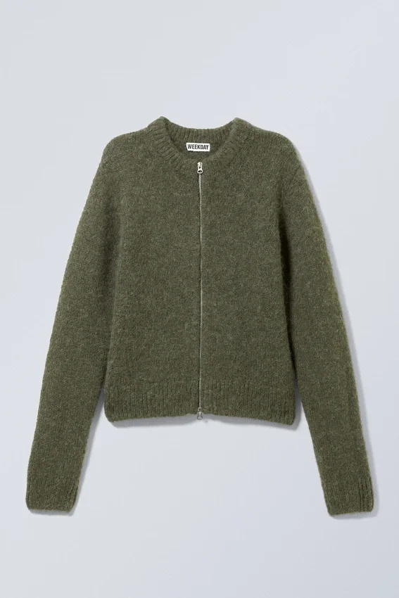 Schmal geschnittene Strickjacke mit Reißverschluss – Dunkelkhaki Schmal geschnittene Strickjacke mit Reißverschluss – Dunkelkhaki