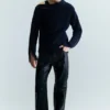 Schmal geschnittener Wollpullover mit Reißverschluss an den Ärmeln – Marineblau Schmal geschnittener Wollpullover mit Reißverschluss an den Ärmeln – Marineblau