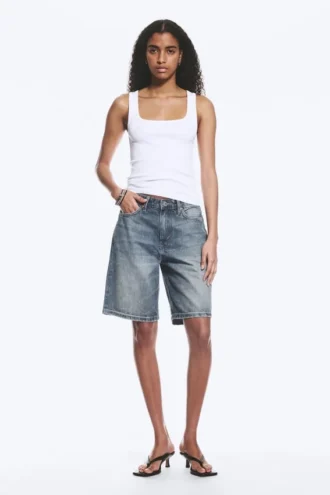 Schmal geschnittenes, geripptes Tanktop mit quadratischem Ausschnitt – Weiß