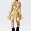 Schmal geschnittenes, langärmeliges Minikleid mit Volants – gelber Blumendruck Schmal geschnittenes, langärmeliges Minikleid mit Volants – gelber Blumendruck