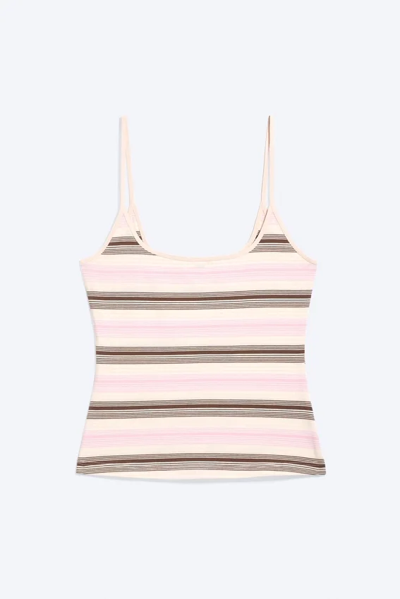 Schmal geschnittenes Tanktop mit Trägern – rosa/braun gestreift Schmal geschnittenes Tanktop mit Trägern – rosa/braun gestreift