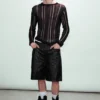 Schmales, langarmiges T-Shirt aus Tear-Knit – Schwarz