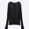 Schmales, langarmiges T-Shirt aus Tear-Knit – Schwarz