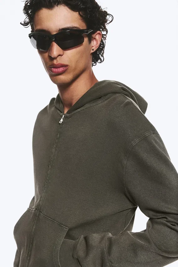 Shrunken Zip Kapuzenpullover – Dunkelkhaki-Grün Shrunken Zip Kapuzenpullover – Dunkelkhaki-Grün