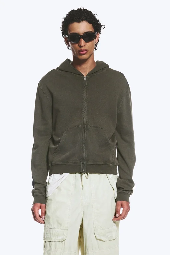 Shrunken Zip Kapuzenpullover – Dunkelkhaki-Grün Shrunken Zip Kapuzenpullover – Dunkelkhaki-Grün