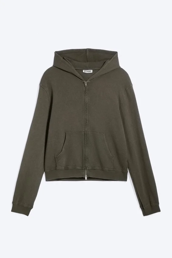 Shrunken Zip Kapuzenpullover – Dunkelkhaki-Grün Shrunken Zip Kapuzenpullover – Dunkelkhaki-Grün