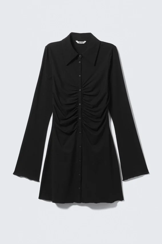 Slim-Fit-Kleid mit gerafften Ärmeln – Schwarz Slim-Fit-Kleid mit gerafften Ärmeln – Schwarz